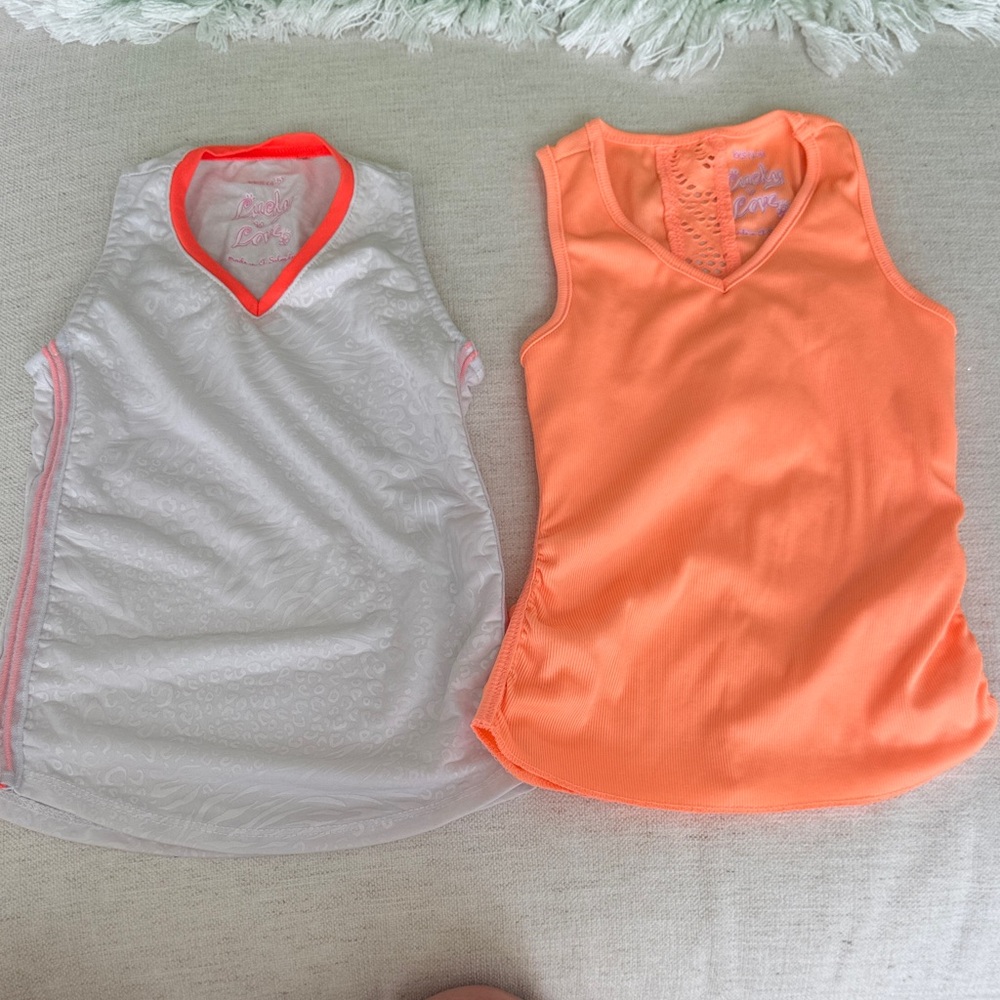 Lucky in Love Girls Neon Coral & White Tank Tops
